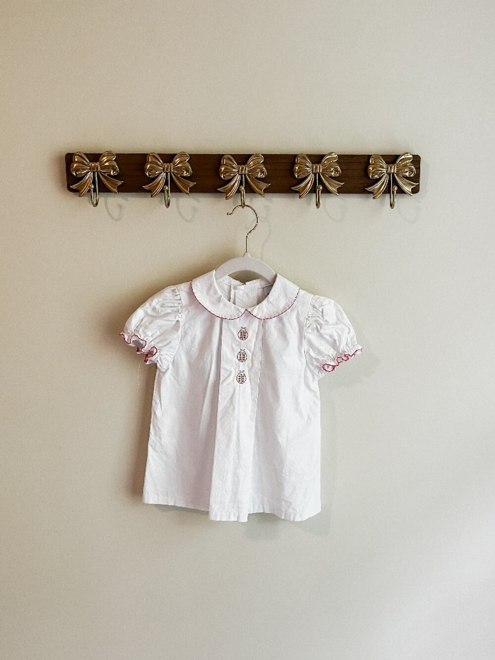 The Bailey Boys Girls 3T White Puff Sleeve Ladybug Blouse with Pink Trim